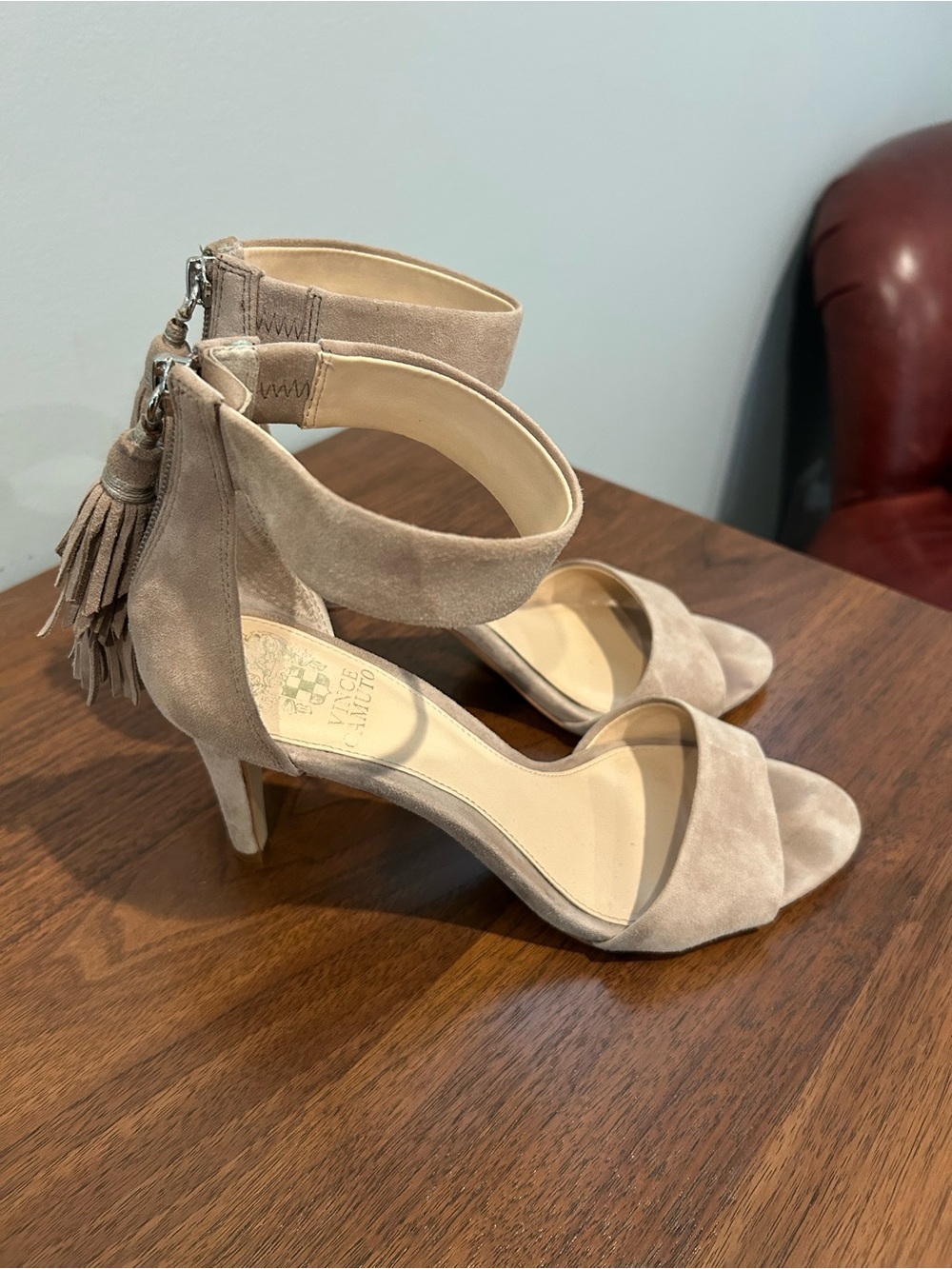 Vince Camuto Taupe Suede Ankle-Strap Heels with Tassel Zipper